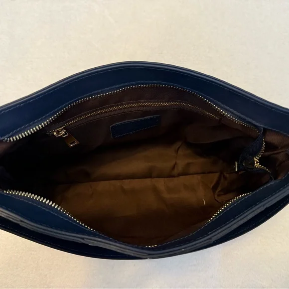 Anna Paola Leather Basketweave Zip Top Brit Shoulder Bag Made in Italy Navy Blue - Picture 7 of 10